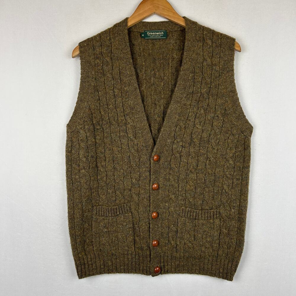 Greenwich Men's 100% Shetland Wool Brown Button Fisherman Sweater Vest Size M